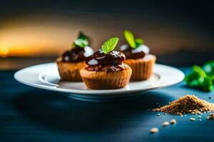 três bolos de copo com chocolate molho em uma placa. gerado por IA foto