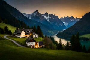 a casa dentro a montanhas. gerado por IA foto