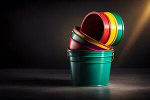 uma pilha do colorida baldes em uma Sombrio fundo. gerado por IA foto