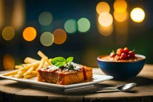 uma prato do Comida com fritas e molho em uma de madeira mesa. gerado por IA foto