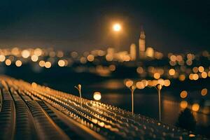 uma paisagem urbana às noite com luzes em a edifícios. gerado por IA foto