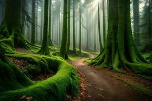 uma caminho através uma floresta com musgoso árvores gerado por IA foto