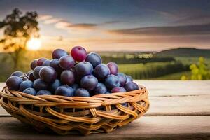 uvas dentro uma cesta em uma de madeira mesa. gerado por IA foto