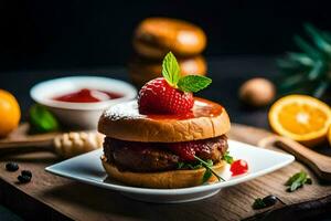 uma Hamburger com morango molho e fresco fruta. gerado por IA foto