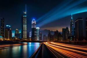 a cidade Horizonte às noite com luzes sobre. gerado por IA foto