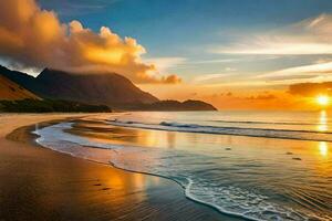 a Sol conjuntos sobre uma de praia e montanhas. gerado por IA foto