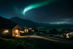 a aurora calibre luzes acima a céu acima uma cabine. gerado por IA foto