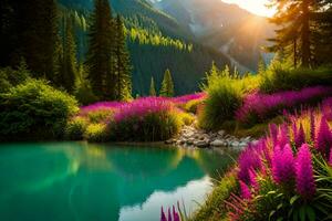 lindo panorama com roxa flores e montanhas às pôr do sol. gerado por IA foto