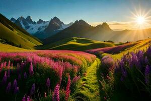 a Sol sobe sobre a montanhas e flores dentro a primeiro plano. gerado por IA foto