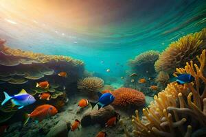 a embaixo da agua cena com colorida peixe e coral. gerado por IA foto