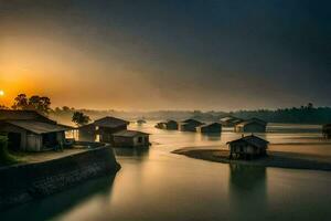 a Sol sobe sobre uma rio com cabanas. gerado por IA foto