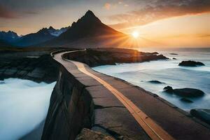 a Sol sobe sobre uma grandes ponte sobre a oceano. gerado por IA foto