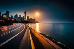 uma cidade Horizonte com uma cheio lua dentro a fundo. gerado por IA foto