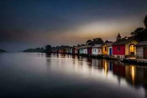 colorida casas em a água às crepúsculo. gerado por IA foto