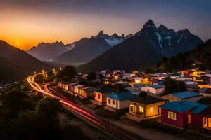 uma Cidade às crepúsculo com montanhas dentro a fundo. gerado por IA foto