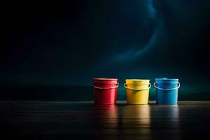 três colorida baldes em uma Sombrio de madeira chão. gerado por IA foto