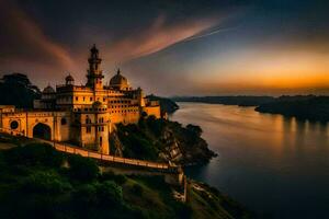 a pôr do sol sobre a lago e castelo dentro Índia. gerado por IA foto