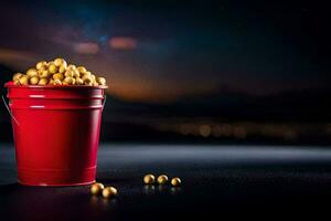 uma vermelho balde preenchidas com ouro feijões em uma Sombrio fundo. gerado por IA foto