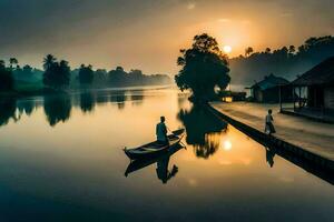 uma homem dentro uma barco em a rio às nascer do sol. gerado por IA foto