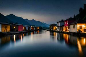 uma rio dentro a montanhas às noite com casas. gerado por IA foto