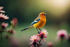 uma pequeno laranja pássaro é empoleirado em topo do alguns flores gerado por IA foto