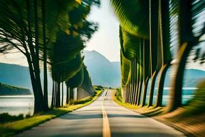 uma grandes estrada com árvores em ambos lados. gerado por IA foto