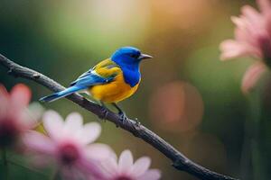 uma azul e amarelo pássaro é sentado em uma ramo. gerado por IA foto