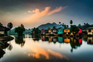 colorida casas em a rio às pôr do sol. gerado por IA foto