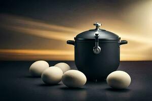 a ovo fogão e ovos em uma mesa. gerado por IA foto