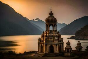 uma Igreja senta em a costa do uma lago às pôr do sol. gerado por IA foto