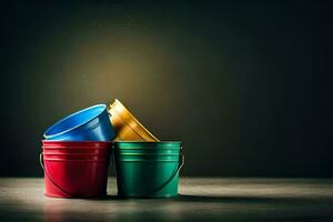 três colorida baldes sentado em uma mesa. gerado por IA foto
