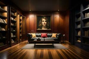 uma quarto com uma sofá, estante de livros e uma pintura. gerado por IA foto