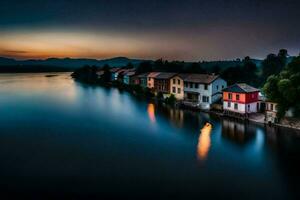 uma rio às crepúsculo com casas em a costa. gerado por IA foto