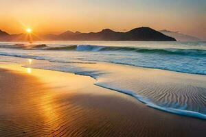 pôr do sol em a praia, ondas, montanhas, e oceano. gerado por IA foto