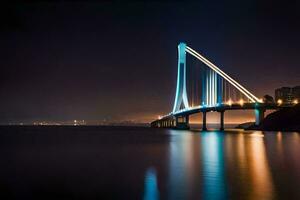 uma ponte abrangendo a água às noite com luzes sobre. gerado por IA foto