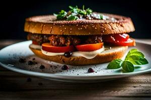 uma sanduíche com carne e tomates em uma branco placa. gerado por IA foto