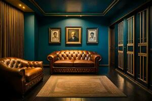 uma quarto com azul paredes e Castanho couro sofás. gerado por IA foto
