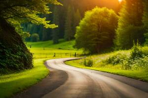 uma estrada dentro a meio do uma verde campo. gerado por IA foto