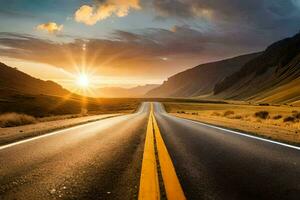 a Sol é configuração sobre uma estrada dentro a meio do uma deserto. gerado por IA foto