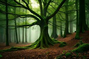 uma verde árvore dentro a meio do uma floresta. gerado por IA foto