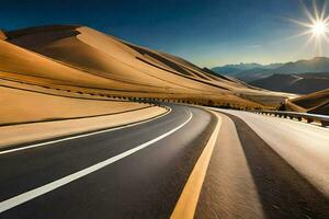 uma estrada dentro a deserto com a Sol brilhando. gerado por IA foto
