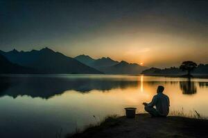 uma homem sentado em a costa do uma lago às pôr do sol. gerado por IA foto