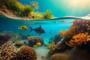 embaixo da agua Visão do coral recife e peixe. gerado por IA foto