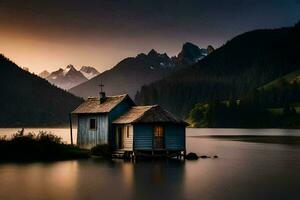 uma pequeno cabine senta em a costa do uma lago às pôr do sol. gerado por IA foto