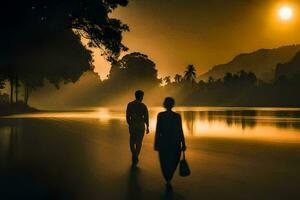 dois pessoas caminhando ao longo a rio às pôr do sol. gerado por IA foto