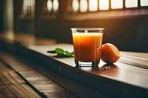 uma vidro do laranja suco em uma mesa com a laranja. gerado por IA foto