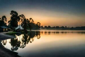 uma lago às nascer do sol com Palma árvores e uma cabana. gerado por IA foto