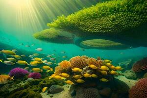 uma coral recife com muitos peixe e plantas. gerado por IA foto
