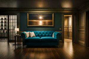 uma azul sofá senta dentro uma quarto com uma pintura em a muro. gerado por IA foto