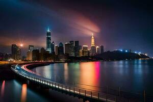 a cidade Horizonte às noite com uma grandes exposição. gerado por IA foto